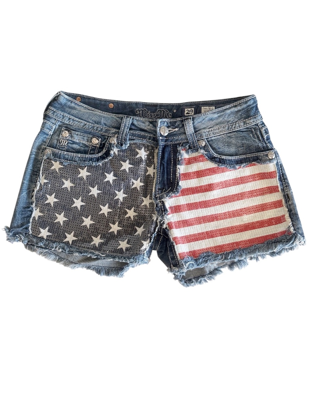 Miss Me Cutoff Denim Distressed Sequined American Flag Jean Shorts size 29